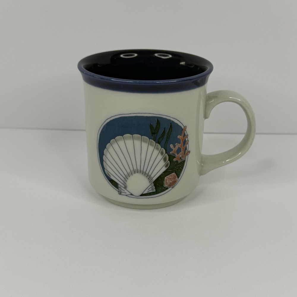 VTG Otagiri Japan Seashell‎ Coral Nautical Ceramic Mug Blue White 10 Oz